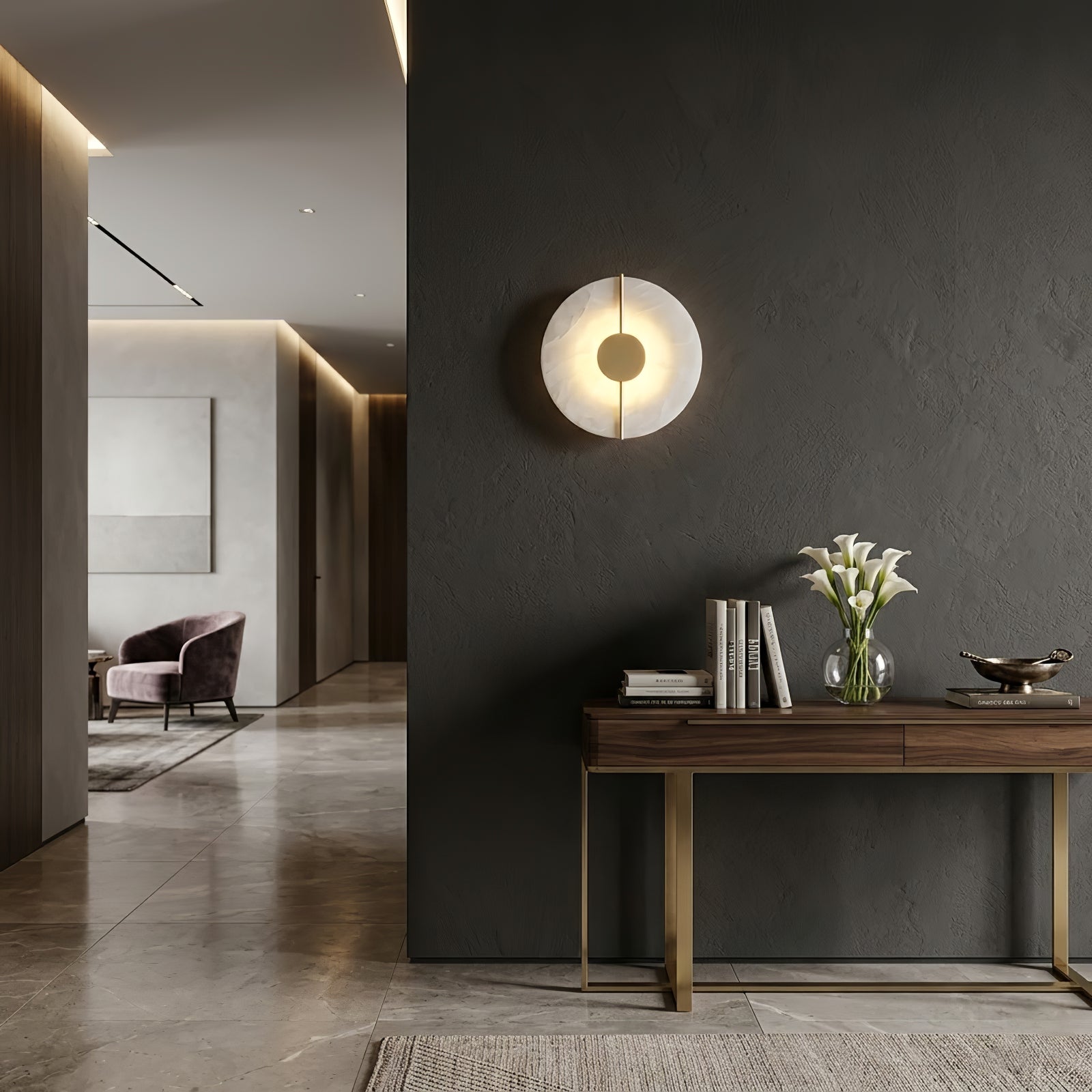 Circular Alabaster Wall Lamp With Brass Bar