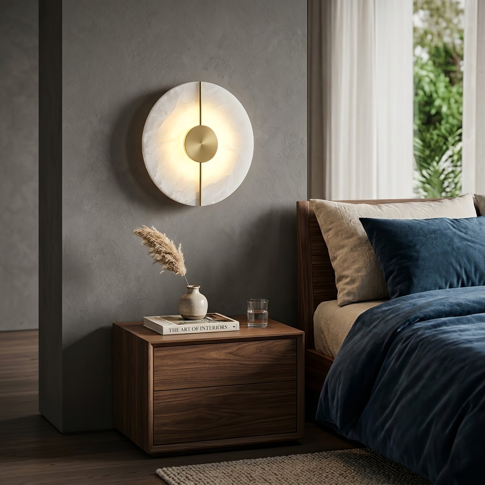 Circular Alabaster Wall Lamp With Brass Bar