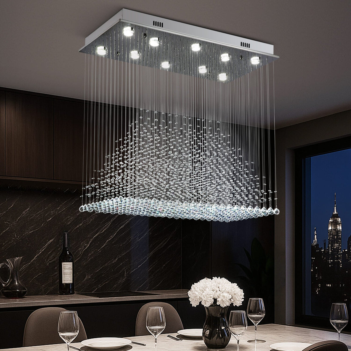 Astra Modern Luxury K9 Crystal Inner Pyramid Rectangular Chandelier