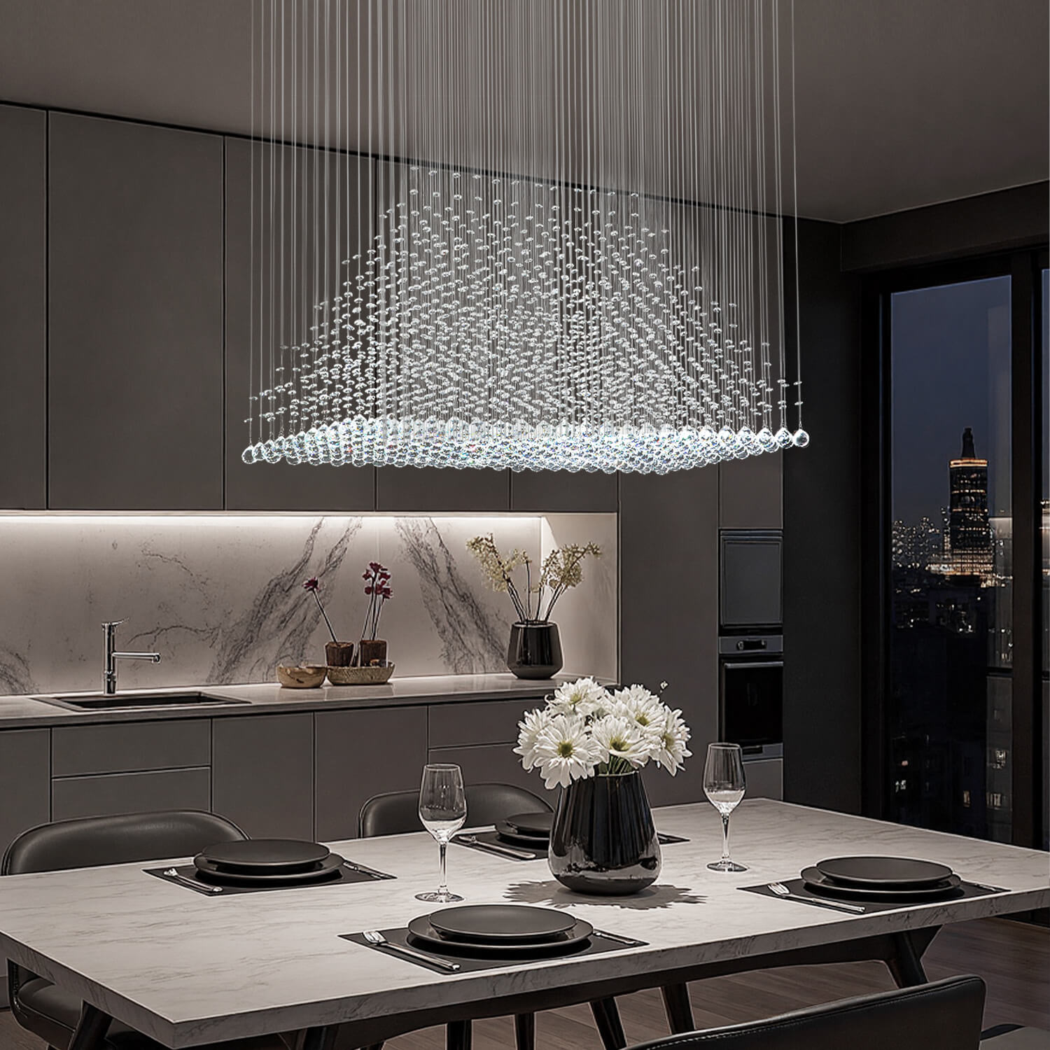 Astra Modern Luxury K9 Crystal Inner Pyramid Rectangular Chandelier