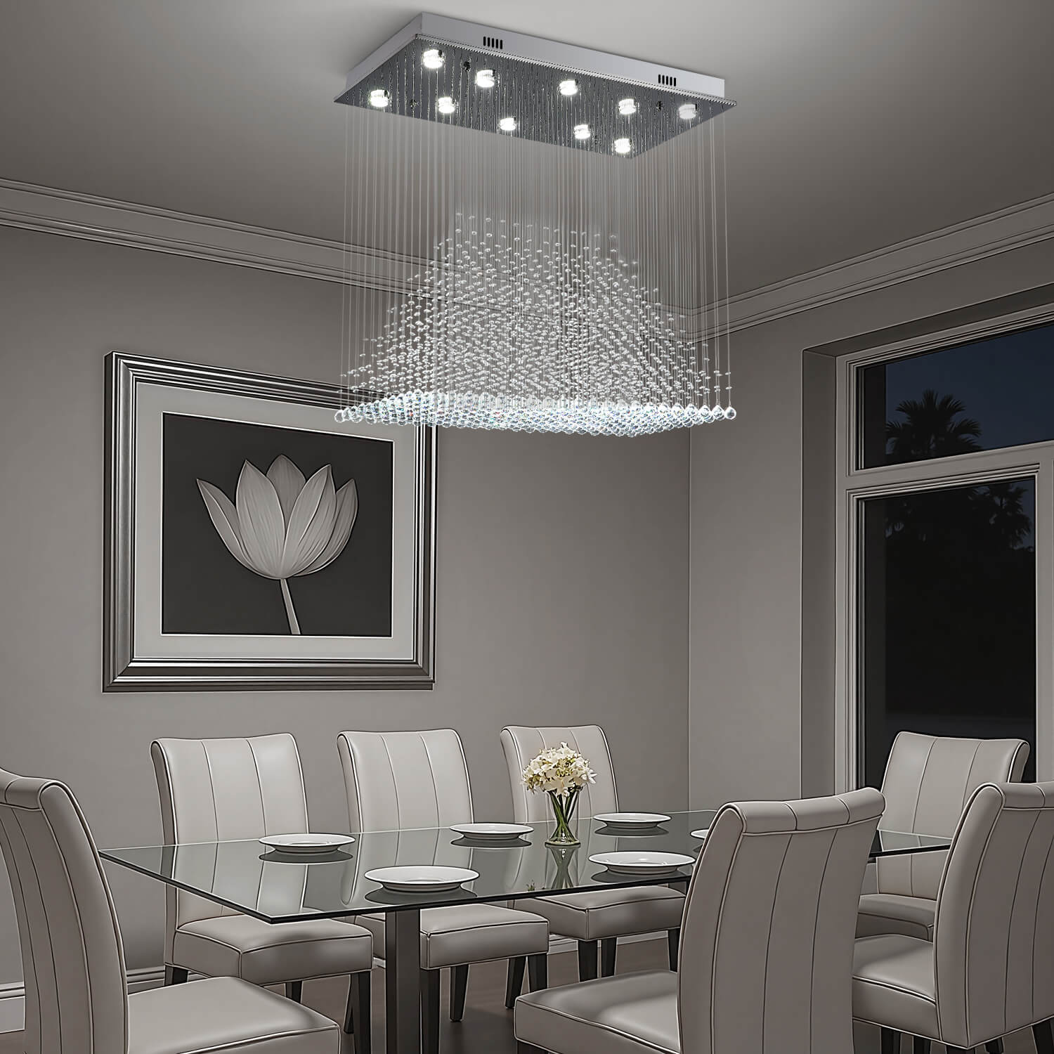 Astra Modern Luxury K9 Crystal Inner Pyramid Rectangular Chandelier
