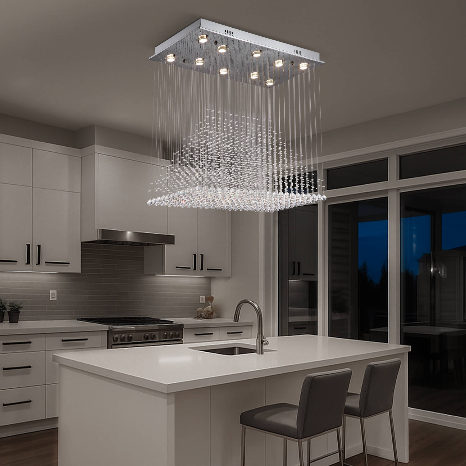 Astra Modern Luxury K9 Crystal Inner Pyramid Rectangular Chandelier