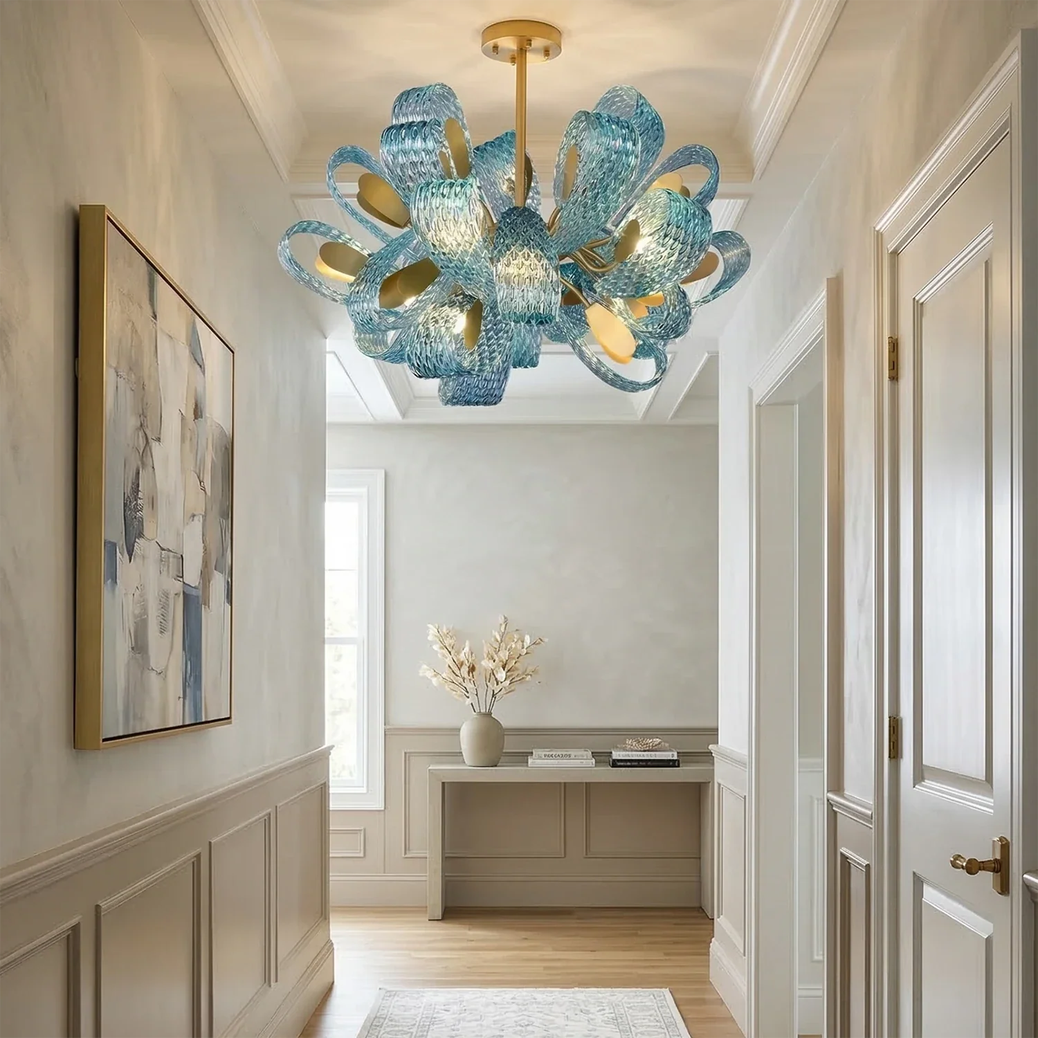 Peacock Blue Petal Art Glass Chandelier